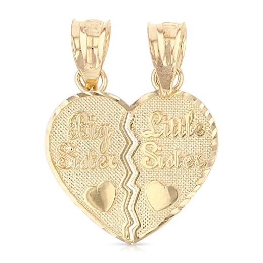 Ioka - 14K Yellow Gold Big Sister and Little Sister 2 Piece Heart Charm Small Pendant For Necklace or Chain