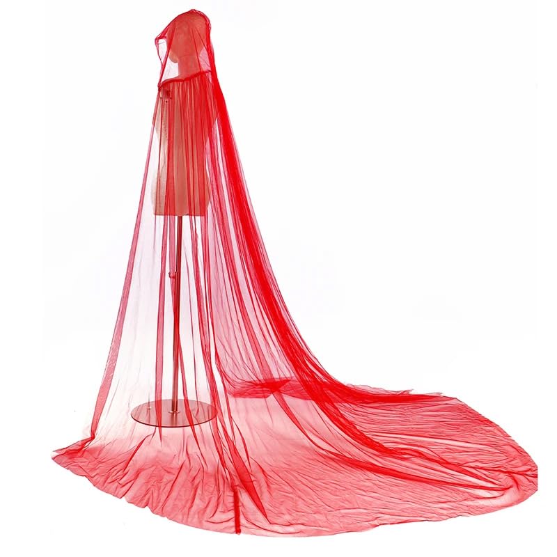 1 Tiers Women Wedding Tulle Cape Witch Vampire Hooded Cape Cosplay Party Ghost Bride Elf Cloak Long Train Bridal Dress Gothic Medieval Renaissance Halloween Costume Cloak with Oversized Hood (Red) - Image 3