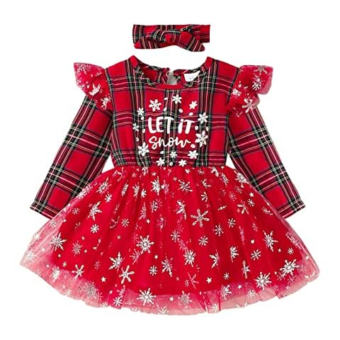 Newborn Baby Girls Christmas Tulle Patchwork Dress Long Sleeve Ruffle Plaid Letter Print Dress with Headband (Red, 9-12 Months) Cover