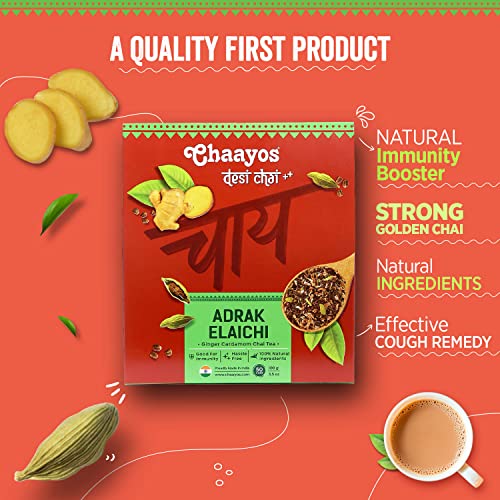 Image of Chaayos Adrak Elaichi Tea (Ginger and Cardamom) - Premium Desi Chai Patti for Authentic Masala Flavour | Immunity Booster- 100g [50 Cups]