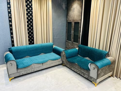 Image of 6-Piece Microsuede Sofa Cover Set for 5 Seater, 2 Seater, and L-Shaped Sofas (Green + 4 Arms)