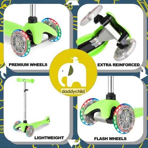 Image of 3-Wheel Kick Scooter for Kids Ages 3-8 Lean-to-Steer Toddler Scooter with Extra Wide Light Up Wheels, 4 Adjustable Heights, Foldable Scooters for Boys & Girls, Max Weight 110lbs (Green2)