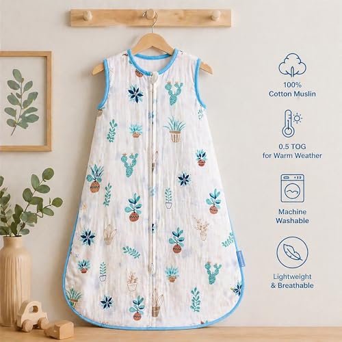 Image of Toddler Sleeping Sack Muslin Cotton 1-2T Lightweight 0.5 Tog Summer Baby Wearable Blanket Thin Infant Sleeping Bag Breathable Soft 12-24M Sleeveless Sleeper Sack