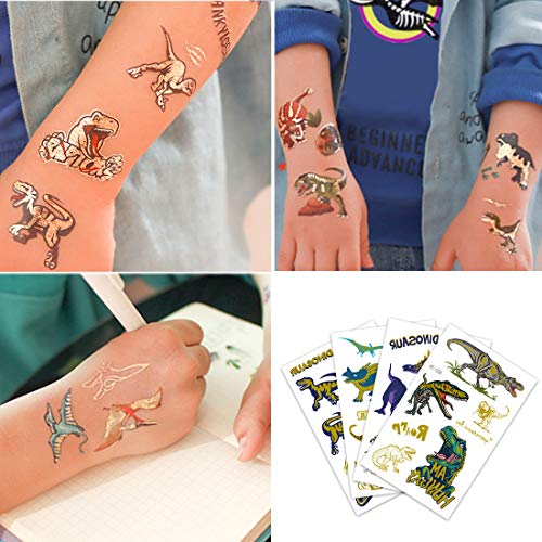 Ooopsiun Glitter Dinosaur Temporary Tattoos For Kids - 70 Gold Glitter Styles, Dinosaur Birthday Party Decorations Supplies Favors For Boys Kids #TOP3