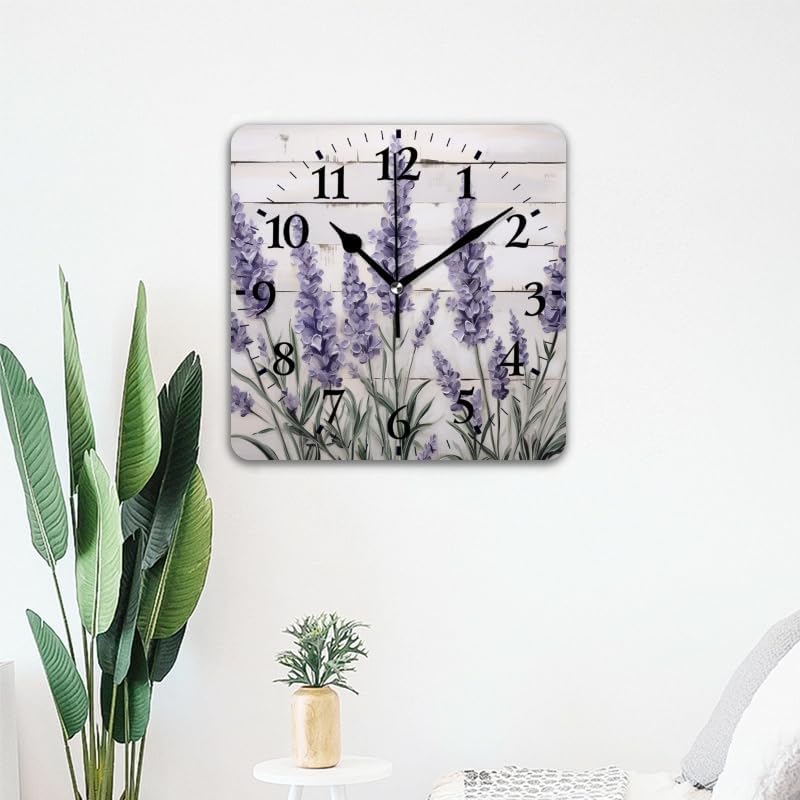 Quartz Wall Clocks Non-Ticking Silent Battery Operated Modern Wall Clocks Decorative for Home,Bedroom-Lavender Flowers On White Shiplap Wood Wall Background(16inch)