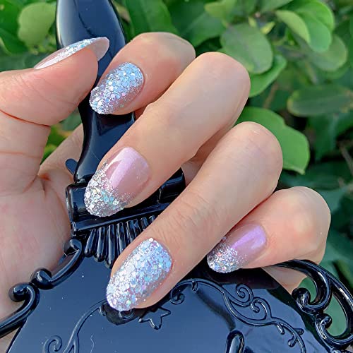 Ikiskt Press On Nails Short Round Holographic Glitter Fake French Nail Clear Gradient Full Cover Shiny Oval False Nails Pre-Design Manicure For Women Girls Daily Office Festival Party 24 Pcs #TOP2