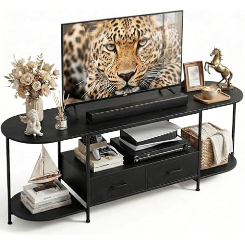 Faesun 63" TV Stand for TVs up to 75 Inches, Curved Edge Media Console & Entertainment Center with 2 Fabric Drawers, Modern TV Console Table for Living Room or Bedroom, Black