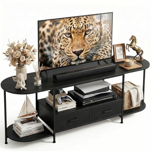 Faesun 63" TV Stand for TVs up to 70Inches, Curved Edge Media Console & Entertainment Center with 2 Fabric Drawers, Modern TV Console Table for Living Room or Bedroom, Black