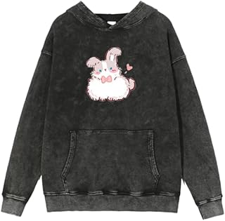 سويت شيرت بقلنسوة بتصميم أرنب لطيف كاواي بلون رمادي حمضي مقاس 27