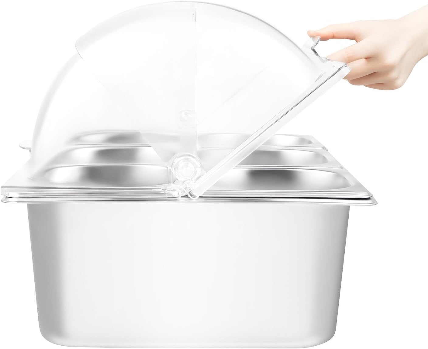 Countertop Ice Food Serving Display Container, 6 Pan Stainless Steel Food Serving Tray, Buffet Condiment Dispenser Display Rack with Clear Lid for Restaurant Hotel Kitchen Party