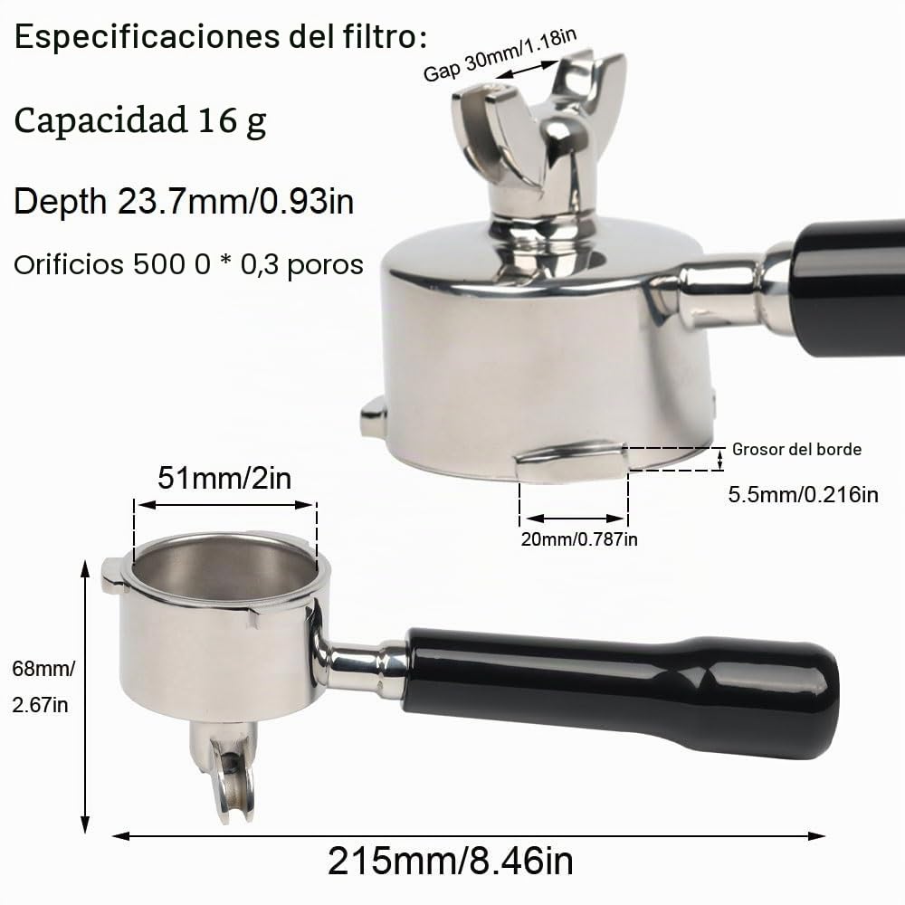 Portafiltro de 51 mm con 3 orejas y doble pico para Delonghi Dedica EC680/EC685/EC785/EC820/EC850/EC860, cesta filtrante con asa de ABS y portafiltro de acero inoxidable, negro