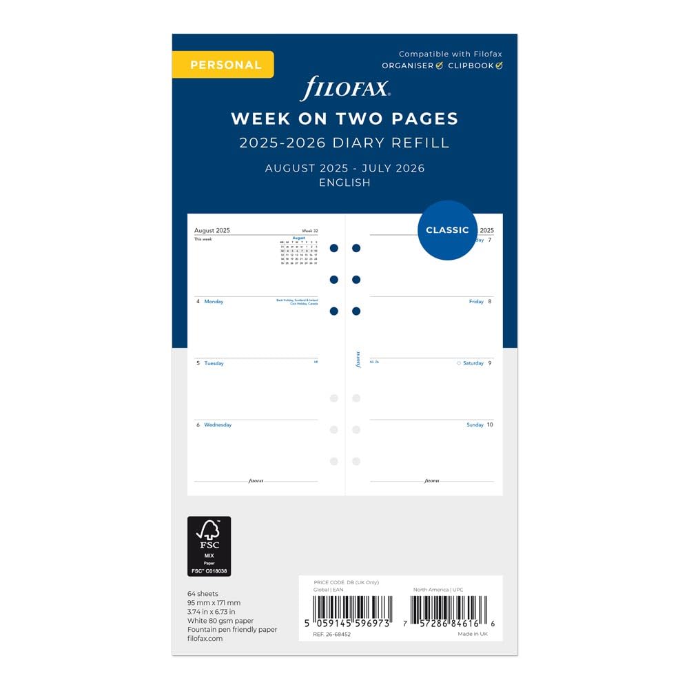 Filofax Akademischer Terminplaner 2025–2026, 1 Woche auf 2 Seiten, englisch, 9,5 x 17,1 cm