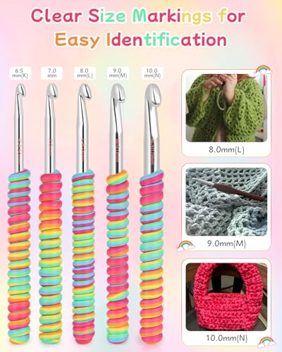 Image of 5 Large Sizes Crochet Hooks for Beginners 6.5mm(K)-10mm(N), Gradient Rainbow Ergonomic Grip for Arthritic, Extra Long Aluminum Crochet Needles, Ideal Crocheting Set Gift