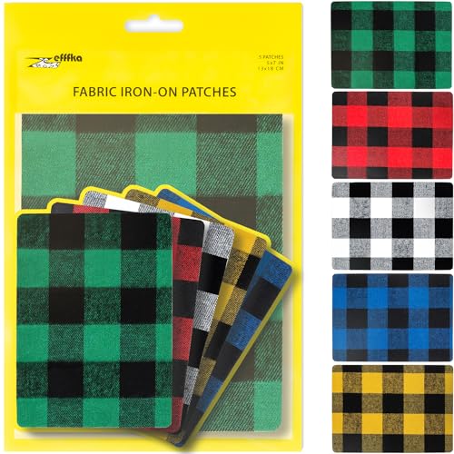 ZEFFFKA Premium Quality Large Plaid Tartan Fabric Iron-on Patches Inside & Outside Strongest Glue 100% Cotton Repair Decorating Kit Jeans Modern Cool Design 5 Pieces Size 5' by 7' (13 cm x 18 cm)