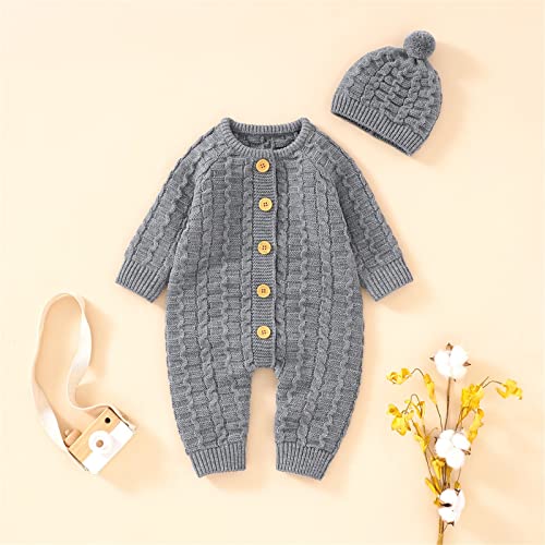 Newborn Boy Knitted Sweater Long Sleeve Button Down Outfit with Kids Winter Warm Hats Set Baby Girls Cute Birthday Clothes4
