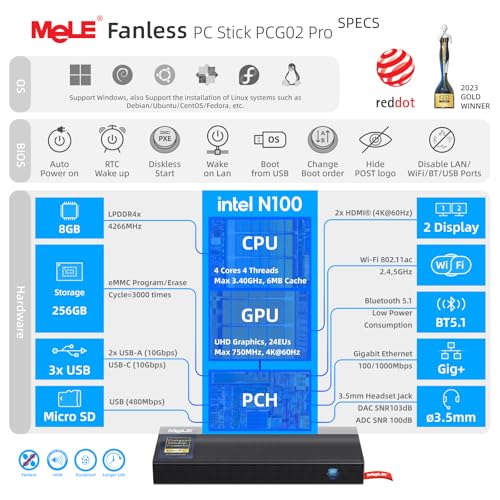 Image of MeLE PCG02 Pro PC Stick Fanless, N100 8GB 256GB, Dual HDMI, Wi-Fi 5 | MeLE PCG02 Pro PC Stick Fanless, N100 8GB 256GB, Dual HDMI, Wi-Fi 5