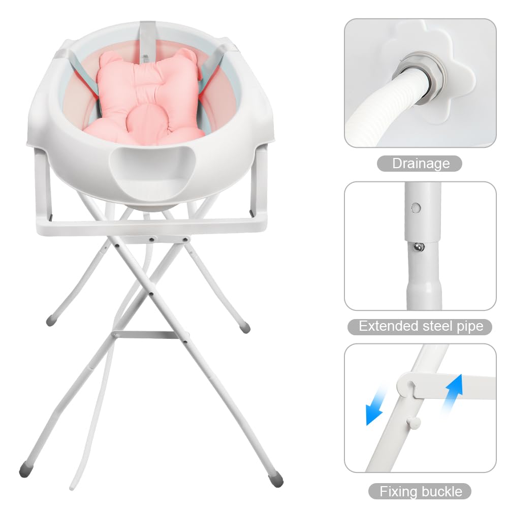 Bañera para bebé con soporte de 84,5 cm, bañera de bebe sobre pie, segura y cómoda, cuenca plegable para bebe con termómetro y cojín de baño (63 x 60 x 84,5 cm), color rosa