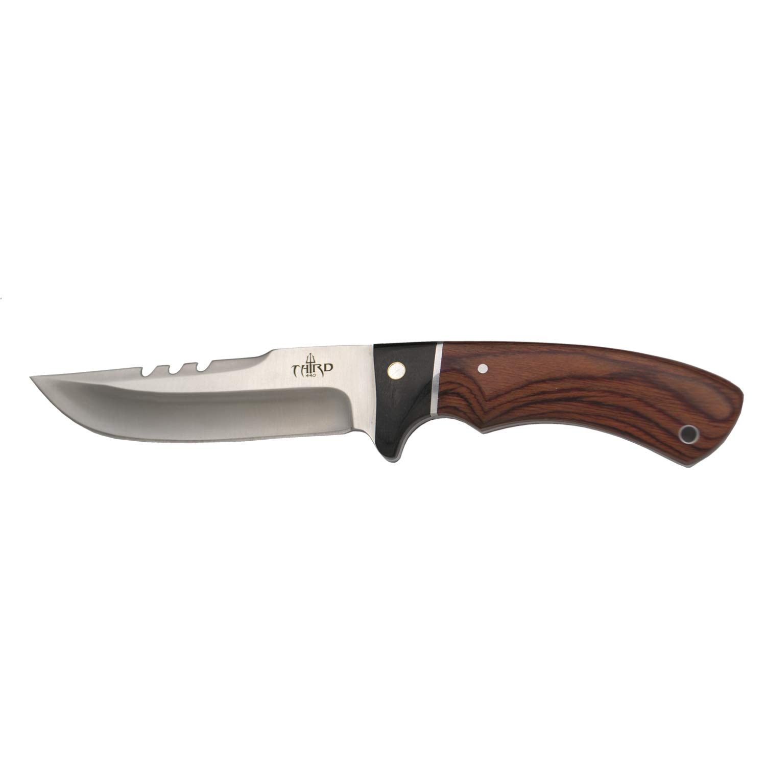 THIRD Cuchillo de Caza 13572PW, con Hoja de Acero 440 de 12,4 cm Acabado Satinado, Mango de pakkawood y Madera Negra. Incluye Funda de Piel