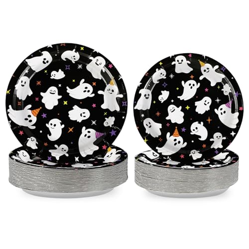 Grencian 100Pcs Halloween Ghost Paper Plates 9 Inch Hey Boo Dispo...