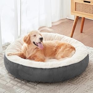 36 inches Donut Dog Bed for Large Dogs – Calming Round Pet Bed with Removable&Washable Cover, Plush Faux Fur & Corduroy, Fits Pets up to 80 lbs(Dark Grey, Large)