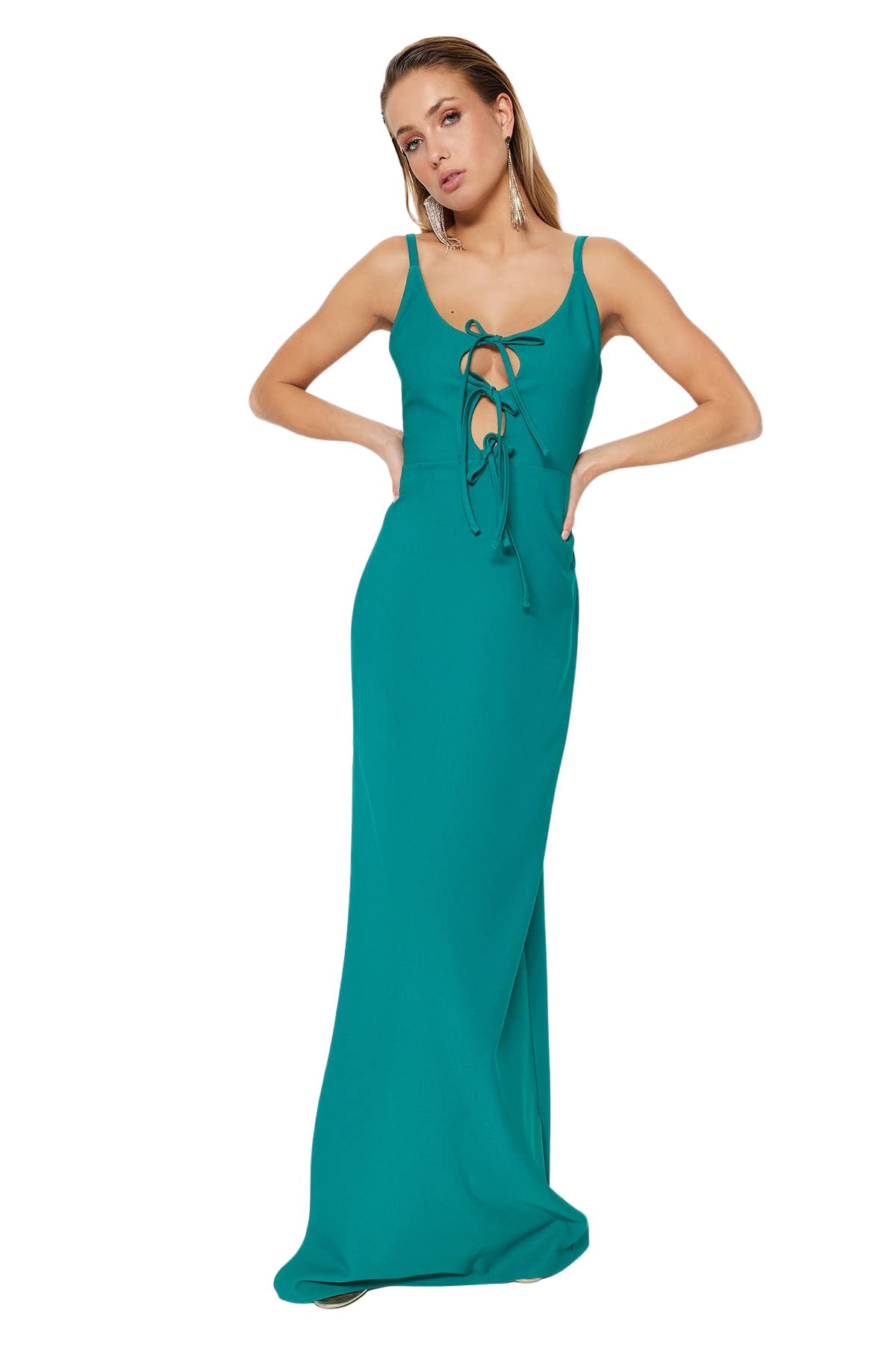 Trendyol Women's Shift Fitted Woven Evening Dress, Emerald, UK 34