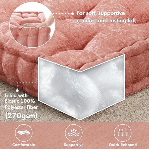 Intelligent Design Azza Floor Pillow, Large Seat Cushions for Adults, Floor Pillow for Meditation or Yoga, Lustrous Chenille Tufted, Scalloped Edges for Bench/Chair Cushion, 20"x20"x5", Dusty Peach