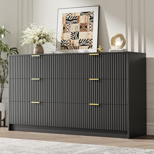 Image of MAISONARIA Black 6 Drawer Dresser for Bedroom, 55 inch Wide Modern Chest of Drawers with Gold Metal Handles, Fluted Wood TV Stand for Living Room, Hallway