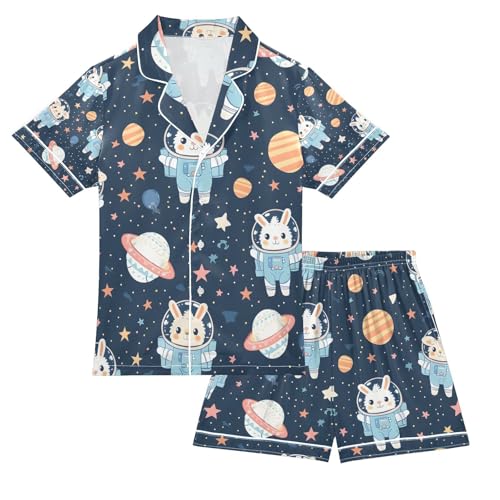 senya Astronaut Rabbit Satin Summer Pajama Sets Silk Short Sleeve Button Down Sleepwear