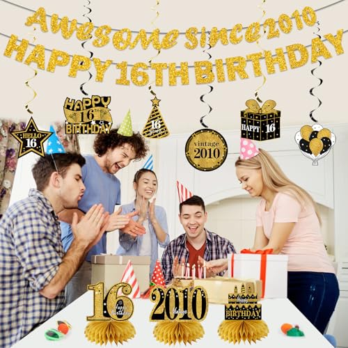 Image of Kuxriox 11Pcs 16th Birthday Decorations Kit for Boys Girls, Black Gold Happy 16th Birthday Banner, Awesome Since 2010 Centerpieces Swirls Party Supplies, 16 Bday Banner Ceiling Table Topper Sign