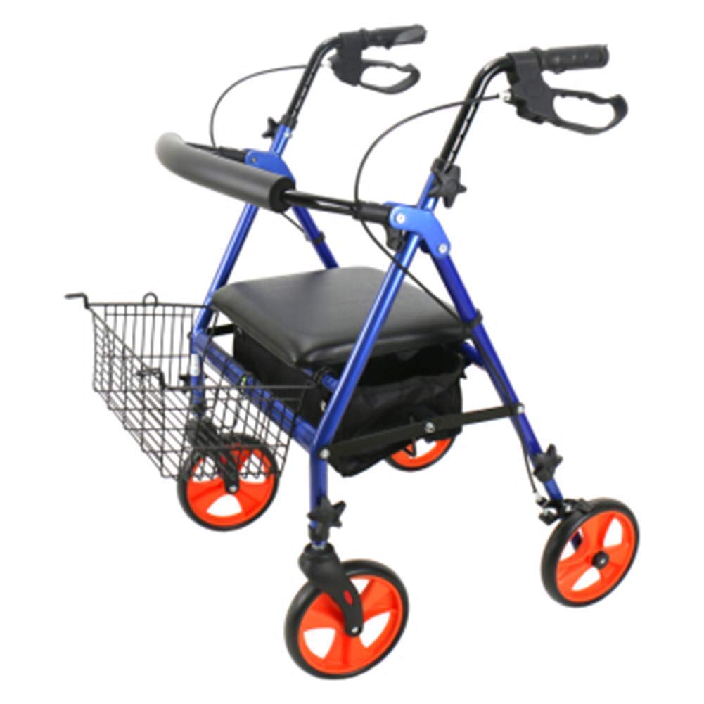 Andador para ancianos, cuatro ruedas, asiento acolchado y respaldo, con frenos bloqueables, cesta para debajo del asiento, ligera, plegable, marco de aluminio, estrella de luz