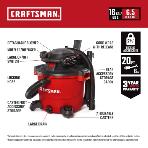 CRAFTSMAN CMXEVBE17607 16 Gal. 6.5 Peak HP Wet Dry Vac with Detach Blower - image 2