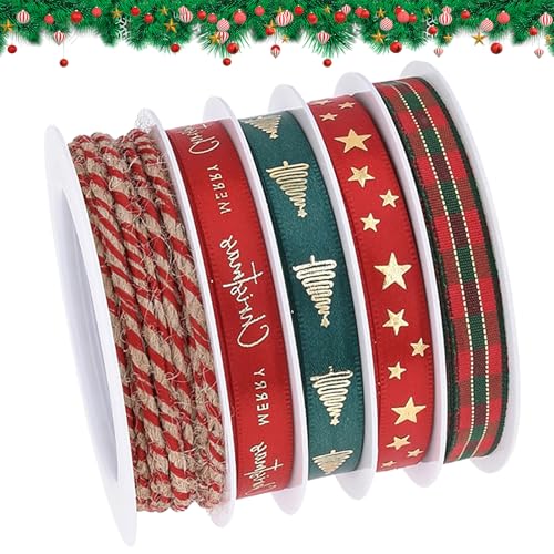 5 rolos de fita natalícia de 10 mm fita de árvore de Natal de tecido requintado para bricolage faixa de cabelo artesanal de bricolage embrulho de presente ornamentos de coroa de árvore de Natal