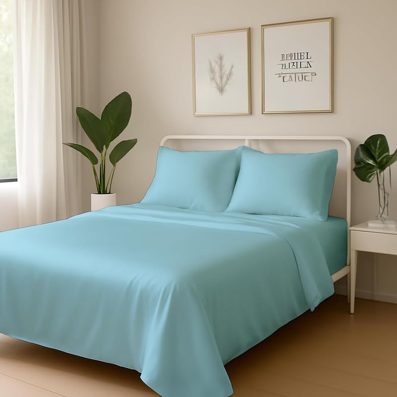 Image of Day Care-Luxury Satin Flat Double Bed (90x100 Inchs) Bedsheet|Ultra Soft Silky Smooth Touch|Breathable, Lightweight & Skin Friendly|Wrinkle Resistant|Dreamy Blue