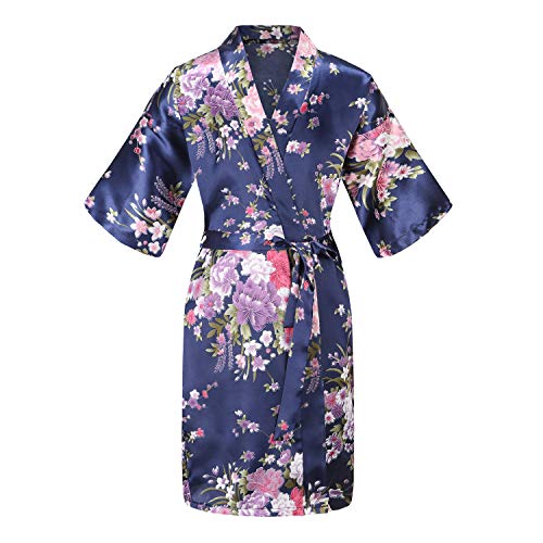 EPLAZA Kids Girls Floral Satin Robe Bathrobe Sleepwear for Spa Party Birthday Wedding (Navy, Tag 6)