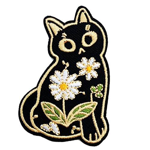 Wikineon Parche bordado para planchar, diseño de calavera de motocicleta 'Cat and Flower', se puede aplicar a insignia, planchar o coser, accesorios de bricolaje, perfectos para chaquetas, ropa,