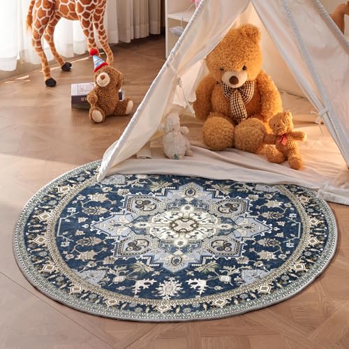 OPPODREAM Soft Round Rug 4ft, Washable Circle Rug 4ft with Non Slip Backing Play Room, Low-Pile Carpet 4 ft, Small Faux Cashmere Throw Carpet, Navy Blue & Gold
