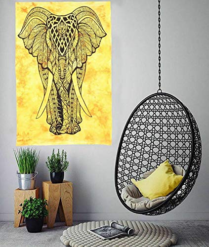 Tapisserie murale éléphant jaune en coton indien faite à la main tie and dye drap 102 x 76 cm, décoration murale bohème, art mural hippie, décoration de...