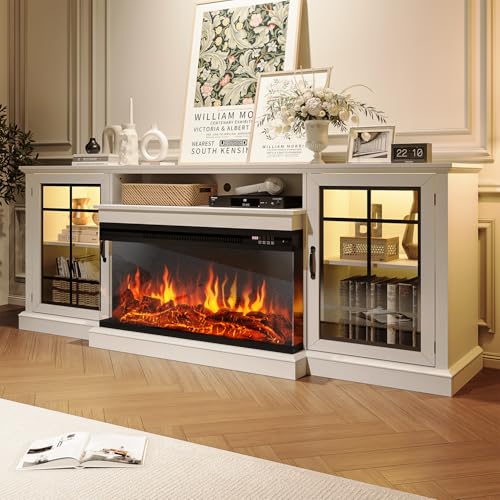 OneBlis 80" Fireplace TV Stand with 3-Sided Glass, TV Cabinet for TVs up to 90", Modern Media Entertainment Center with Farmhouse Glass Door Storage Cabinets, for Living Room, White