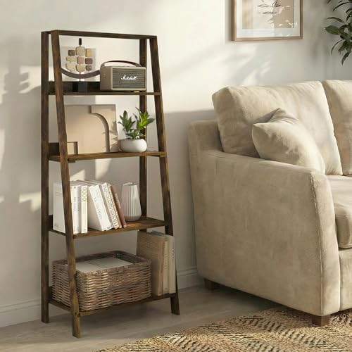 Image of Furinno Ladder 5-Tier Book Shelf, Leaning Standing Shelf, Amber Pine | 13 x 23.6 x 53.5, Open Frame Design Bookshelf, Display Storage Shelves, for Living Room, Home Office
