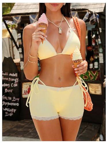 SHENHE Women's 3 Piece Triangle String Bikini Set Y2k Halter Bow Swimsuits with Lace Shorts Coverups3