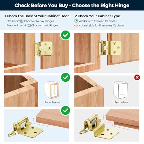 Image of Ravinte 30 Pack (15 Pairs) 1 /2 inch Overlay Cabinet Hinges, Self-Closing Semi-Concealed Face Mount, Satin Brass Decorative Hardware with Door Bumpers for Kitchen & Cupboard Doors, Gold