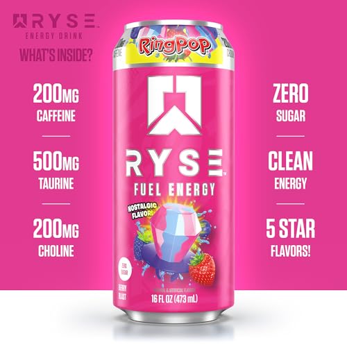 Image of RYSE Fuel Energy Drink - Ring Pop Berry Blast - Sugar Free, Gluten Free & Vegan - 200mg Natural Caffeine, Taurine & Choline for Focus & Energy - No Artificial Colors - 16 fl oz Cans (12-Pack)