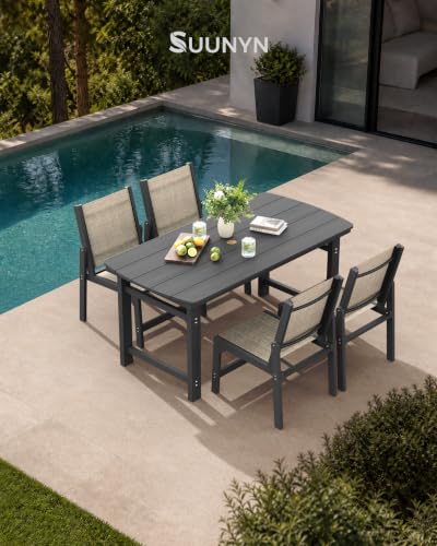 Image of HDPE Outdoor Patio Dining Set with Table & 4 Stackable Armless Textilene Chairs, All-Weather 5-Piece Dining Table Set with Umbrella Hole, Patio Furniture for Garden, Poolside, Backyard, Deck | Grey