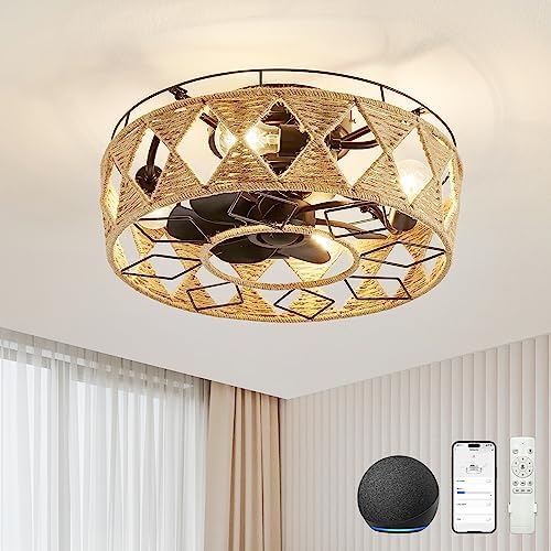 SCAWAIL Ceiling Fans with Lights,Enclosed Low Profile Ceiling Fan with Light and Alexa/Google Home/Remote/APP Control,Reversible 6 Speeds Timing Boho Caged Ceiling Fan for Bedroom Farmhouse Kitchen
