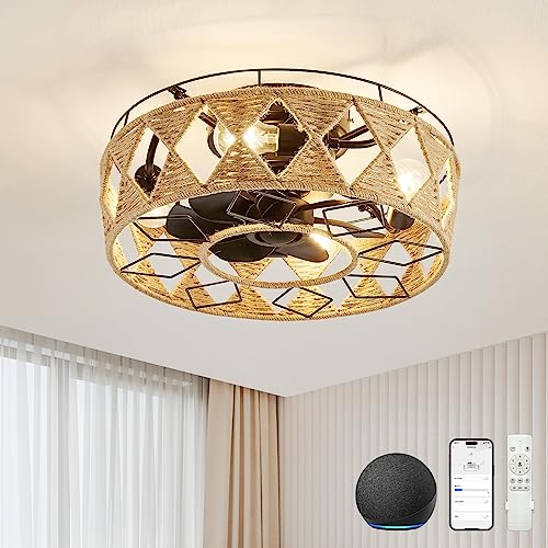 Scawail Ceiling Fans With Lights,Enclosed Low Profile Ceiling Fan With Light And Alexa/Google Home/Remote/App Control,Reversible 6 Speeds Timing Boho Caged Ceiling Fan For Bedroom Farmhouse Kitchen #TOP22
