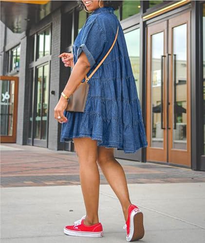 Image of Sexyshine Women's Denim Babydoll Dress Short Sleeve Button Down Flowy Tiered Jeans Mini Shirt Dress