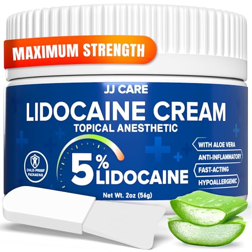 JJ CARE Lidocaine Cream 5% (2 oz.), Maximum Strength Numbing Cream with Aloe Vera, Fast Acting Hemorrhoid Cream, Pain Relief Cream for Local & Anorectal Discomfort, Relieves Pain & Soreness