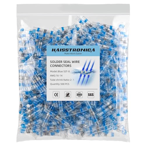 haisstronica 500PCS Solder Seal Wire Connectors, AWG 16-14 Blue Sleeves