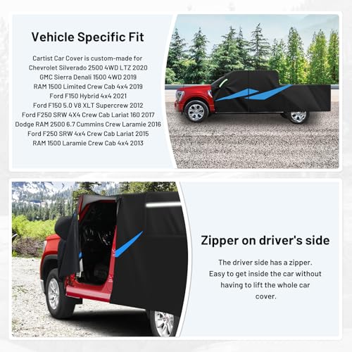 Image of Cartist 420D Waterproof Car Cover Fits for Ford F150 Supercrew /Silverado 1500 2500 /Sierra Denali 1500 Truck car Covers with Zipper Door & Reflective Safety Strips,Sun Rain Snow Dust Uv Protection