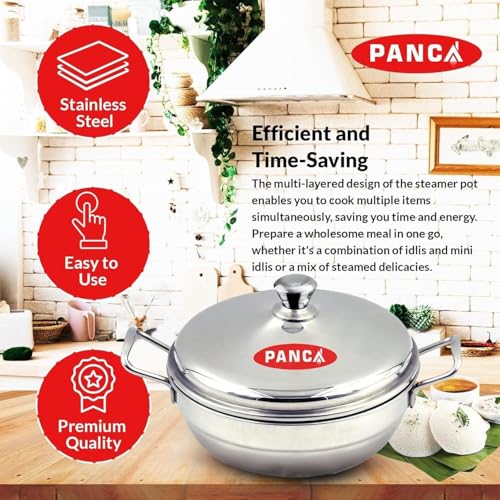Image of PANCA Stainless Steel Multi Purpose Kadai with Steel Lid, Idli Maker 2 Idli Plate 8 Cavity Idli Cooker Stainless Steel Idly Pot with Steamer (2 Plate 8 Cavity)